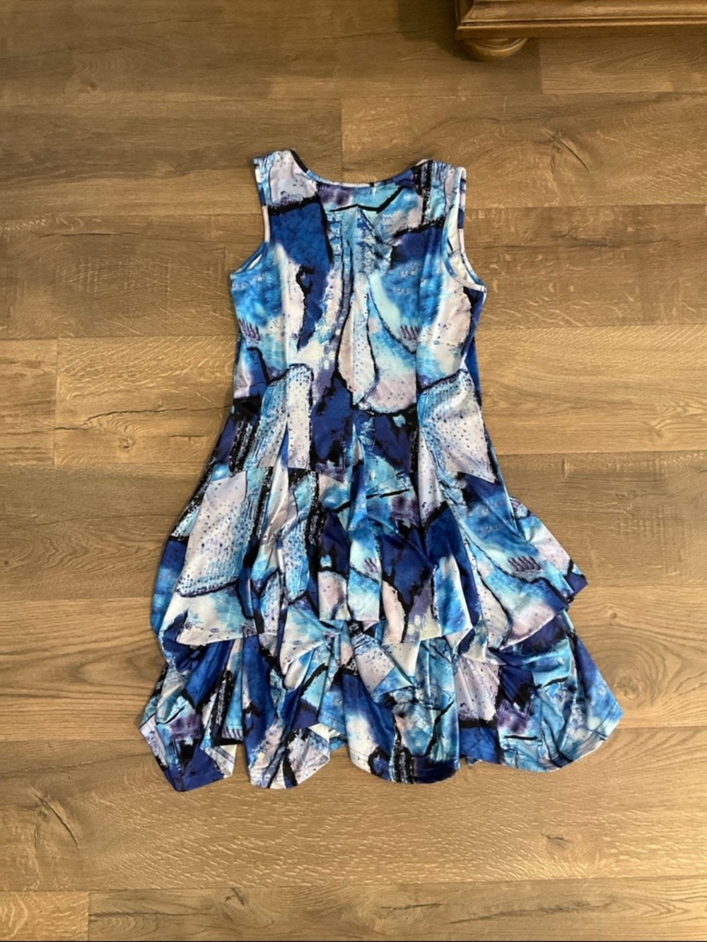 Tango Mango blue print sleeveless knee length dress w/ ties for tiered skirt, XS - Picture 2 of 8